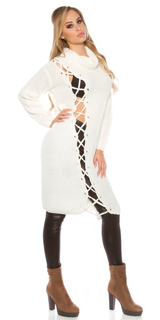 Trendy chunky knit dress with XL collar White
